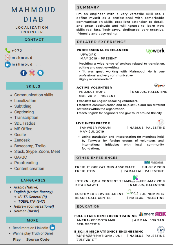 Professional PARS method CV with clickables.