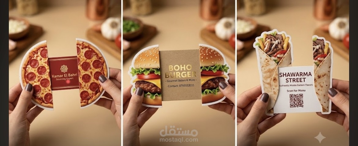 تصميم كروت فيزيت مبتكرة وقابلة للفتح (Die-Cut) للمطاعم والوجبات السريعة