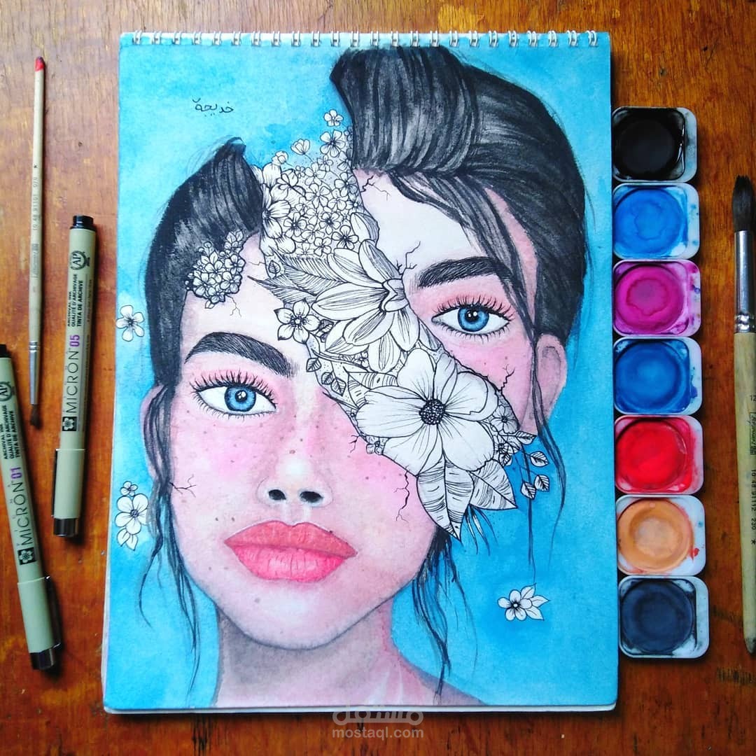رسم يدوي بالألوان المائية و أقلام الحبر
