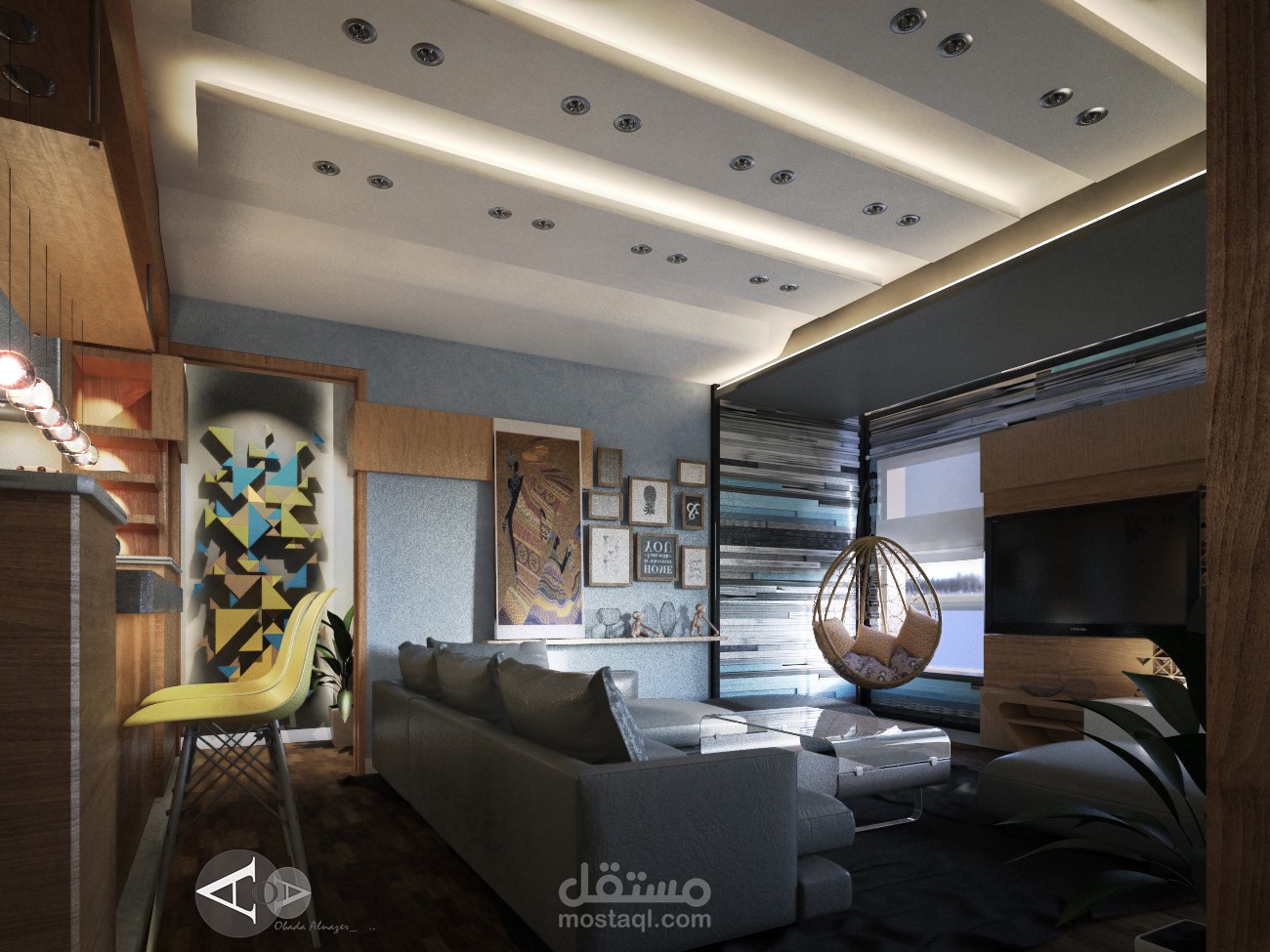 تصميم مودرن لصالون ومطبخ وغرفة معيشة بلمسة من طراز افريقي