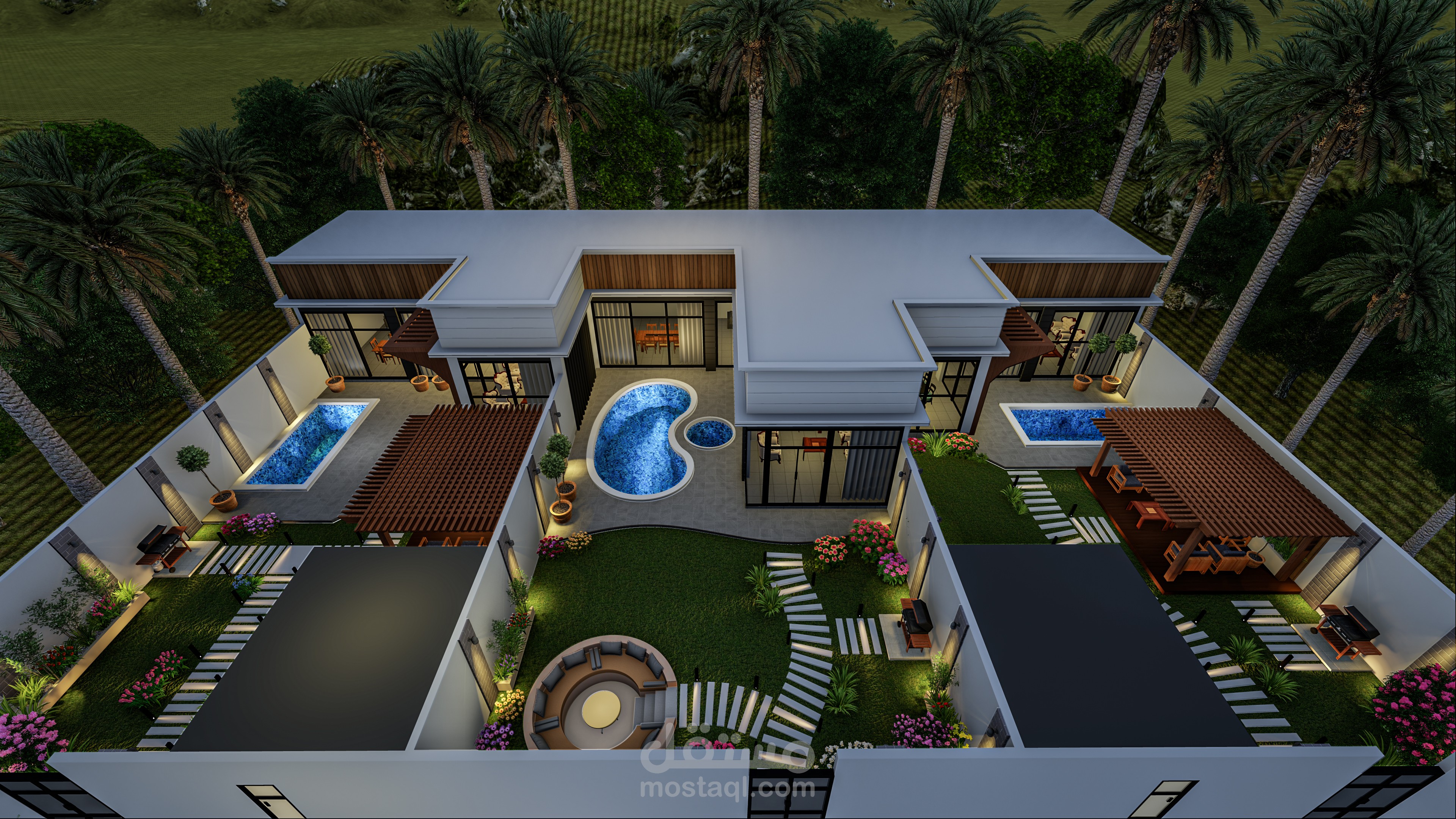 تصميم خارجي 3D مودرن لثلاث شاليهات مع الحدائق