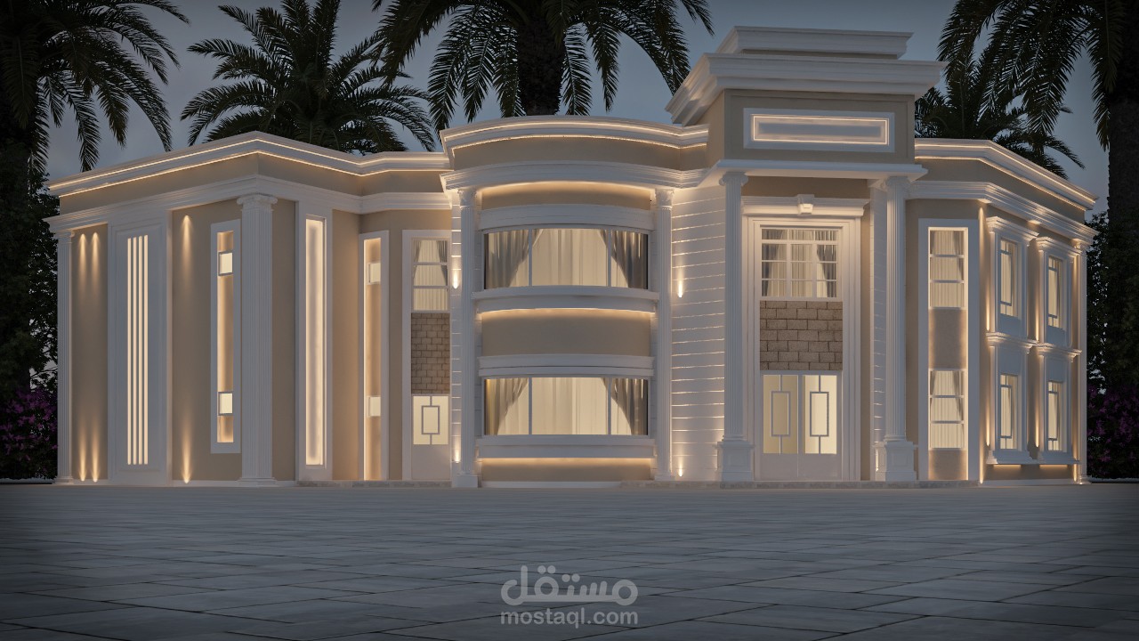 تصميم واجهة نيوكلاسيك لفيلا على شارعين في السعودية