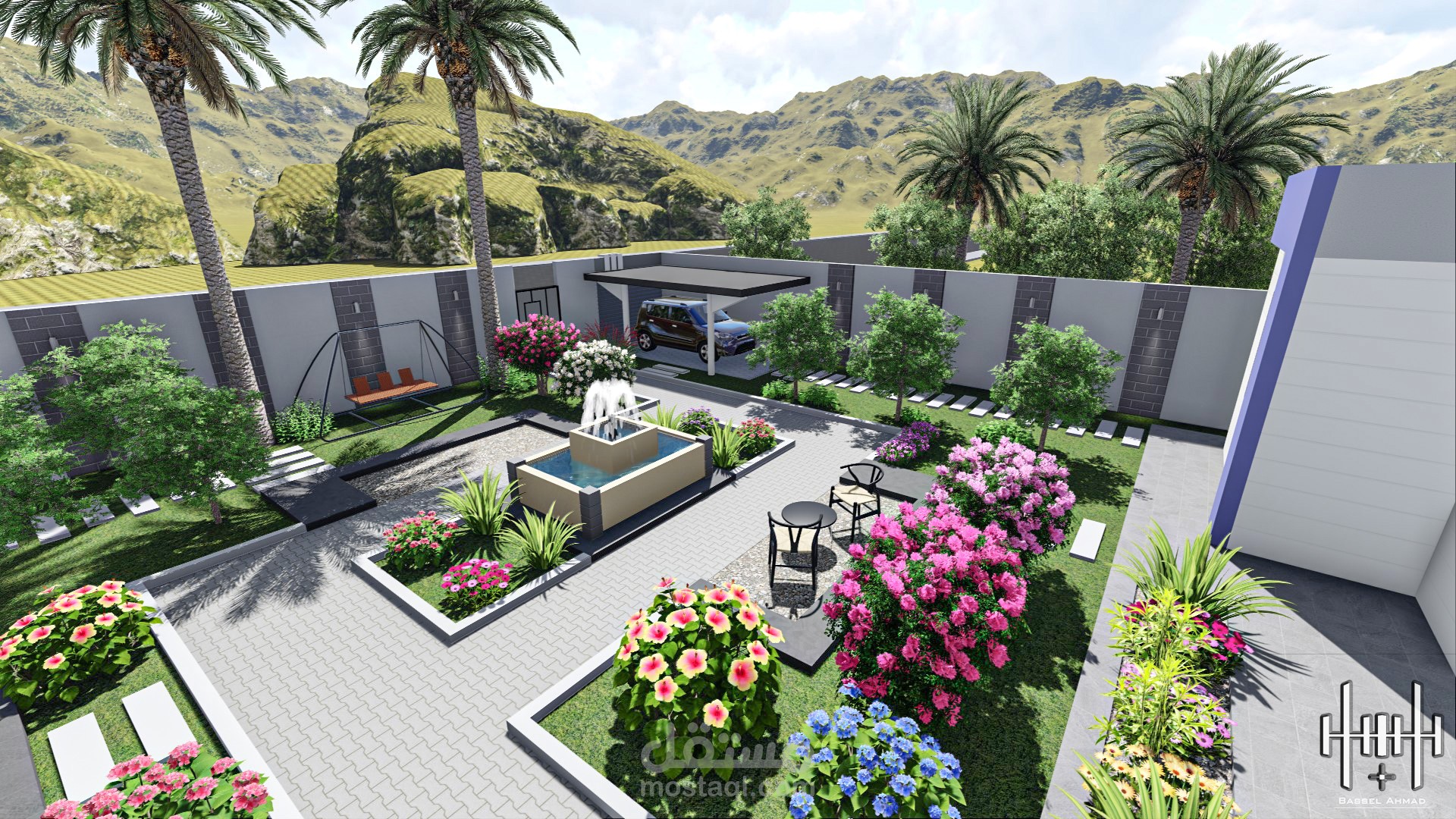 تصميم وتنسيق حديقة لفيلا في السعودية