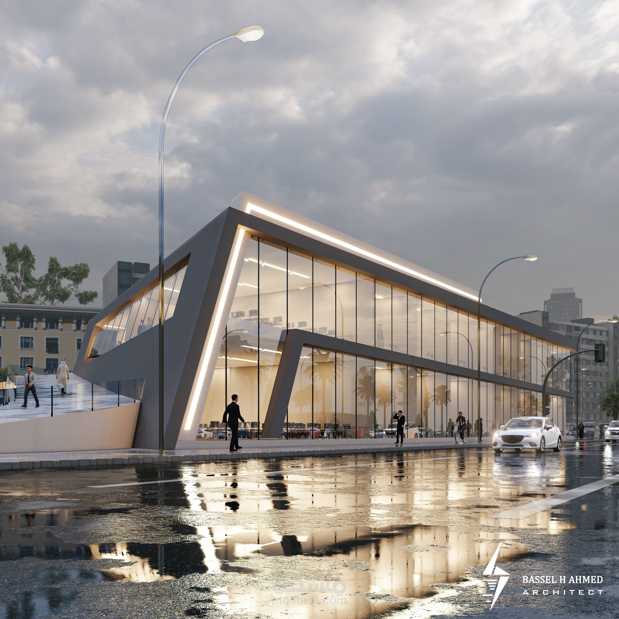 تصميم 3D خارجي لمبنى تجاري في المملكة العربية السعودية .