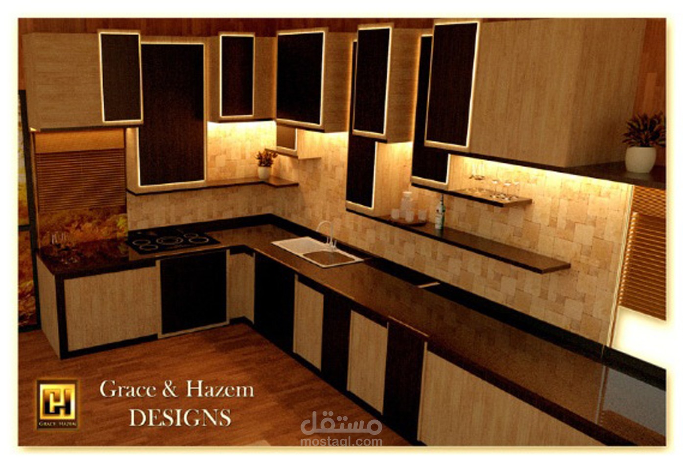 تصميم جديد مودرن جذاب مطبخ مع خزائن باضاءة مخفية فاخرة