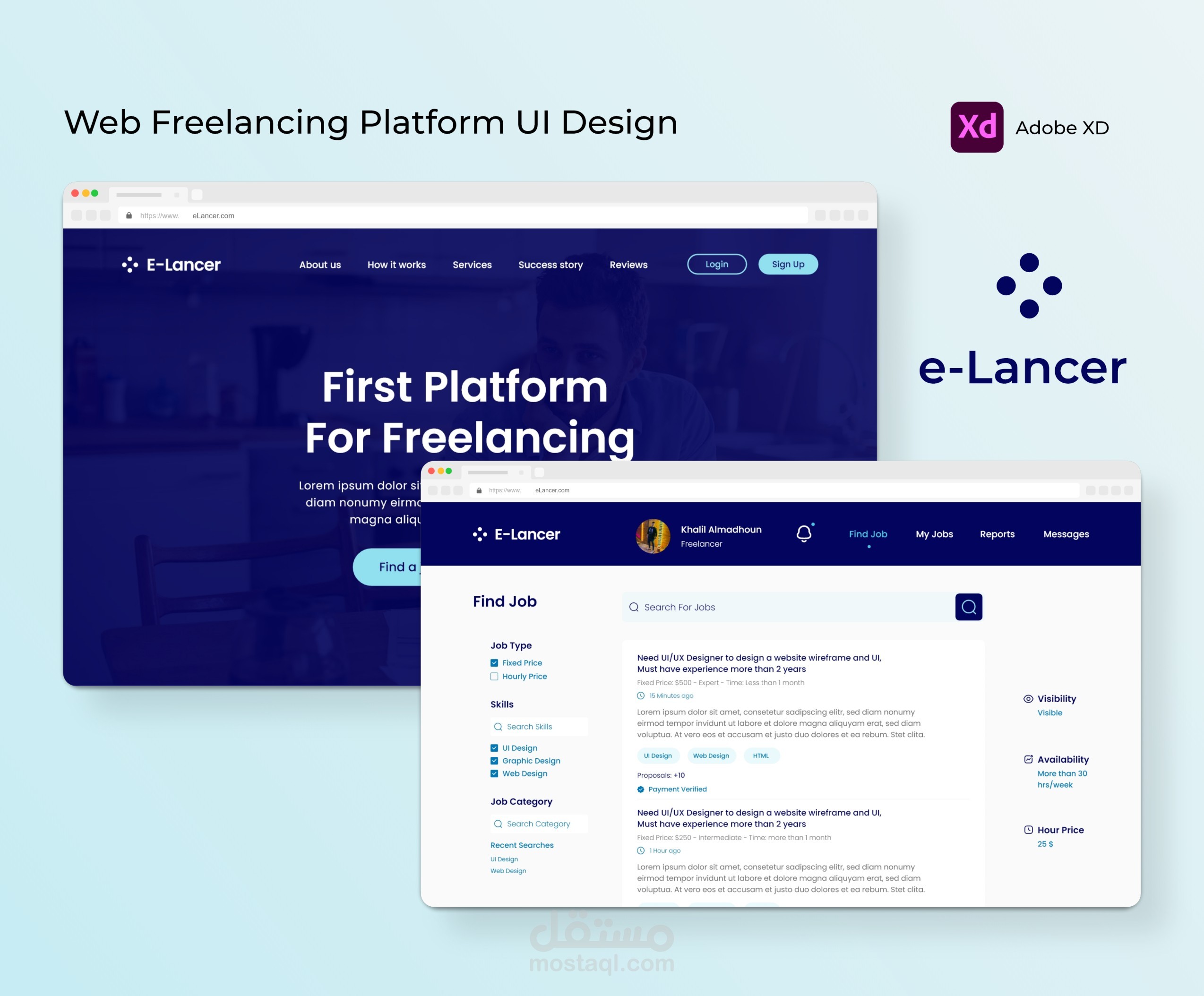 تصميم واجهات المستخدم لموقع منصة عمل حر على الويب (e-Lancer)