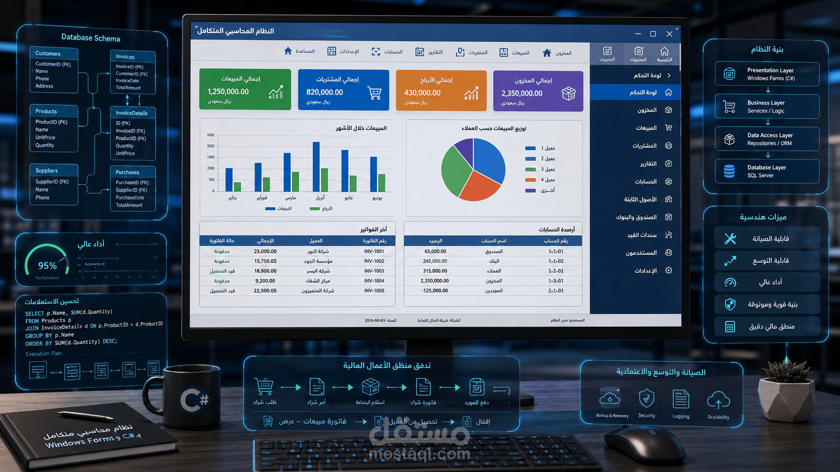 بناء نظام محاسبي من الصفر باستخدام لغة C# و WinForms وقواعد بيانات سكيول سيرفر وأوراكل