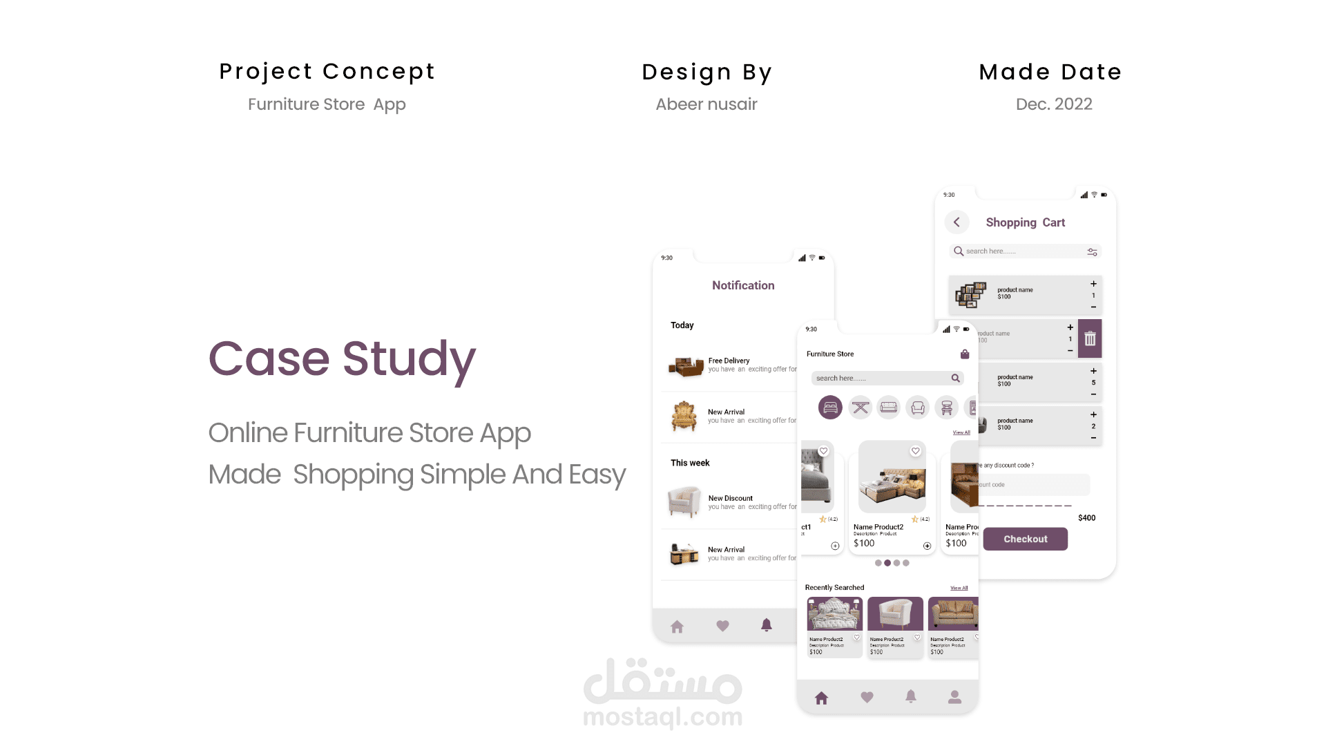 تصميم تجربة المستخدم وواجهة المستخدم لتطبيق متجر بيع الاثات  |  case study UXUI