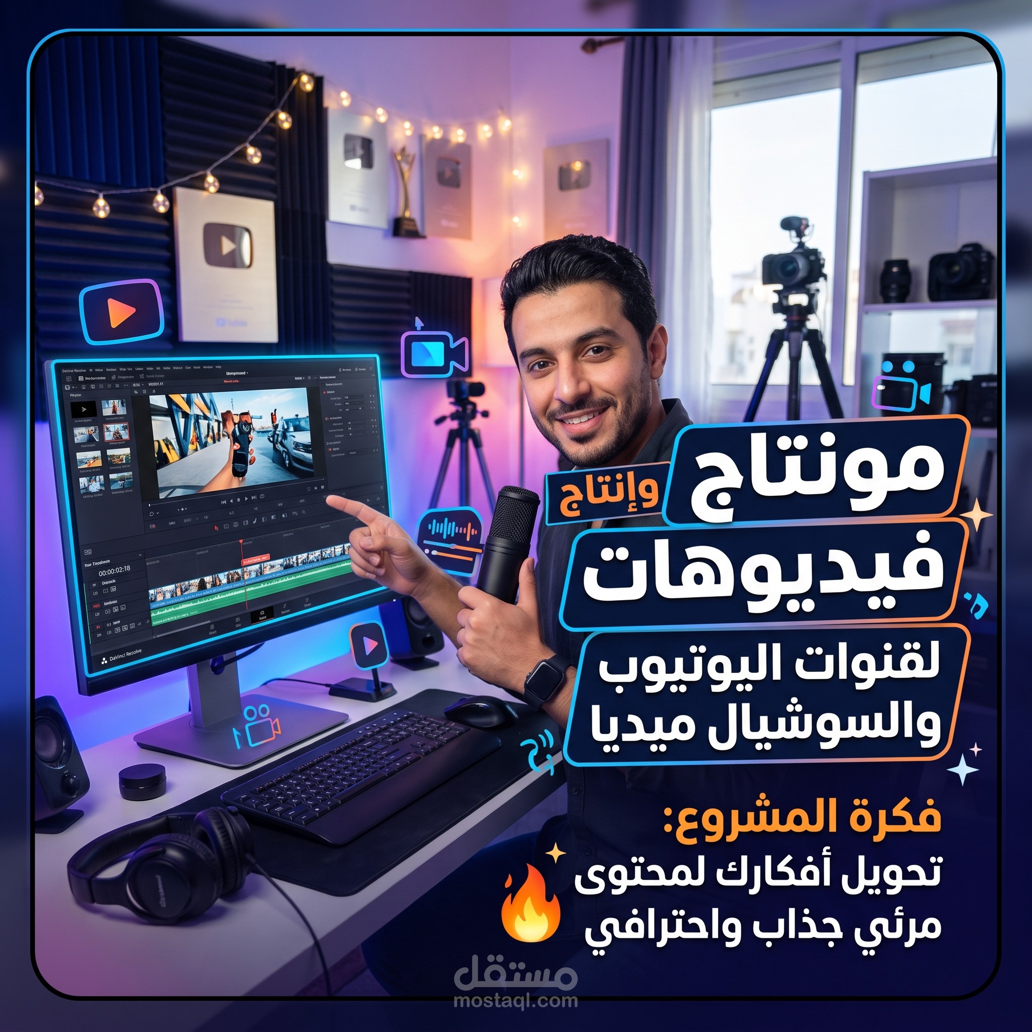 إنتاج ومونتاج فيديوهات يوتيوب وسوشيال ميديا احترافية (من الفكرة حتى النشر)