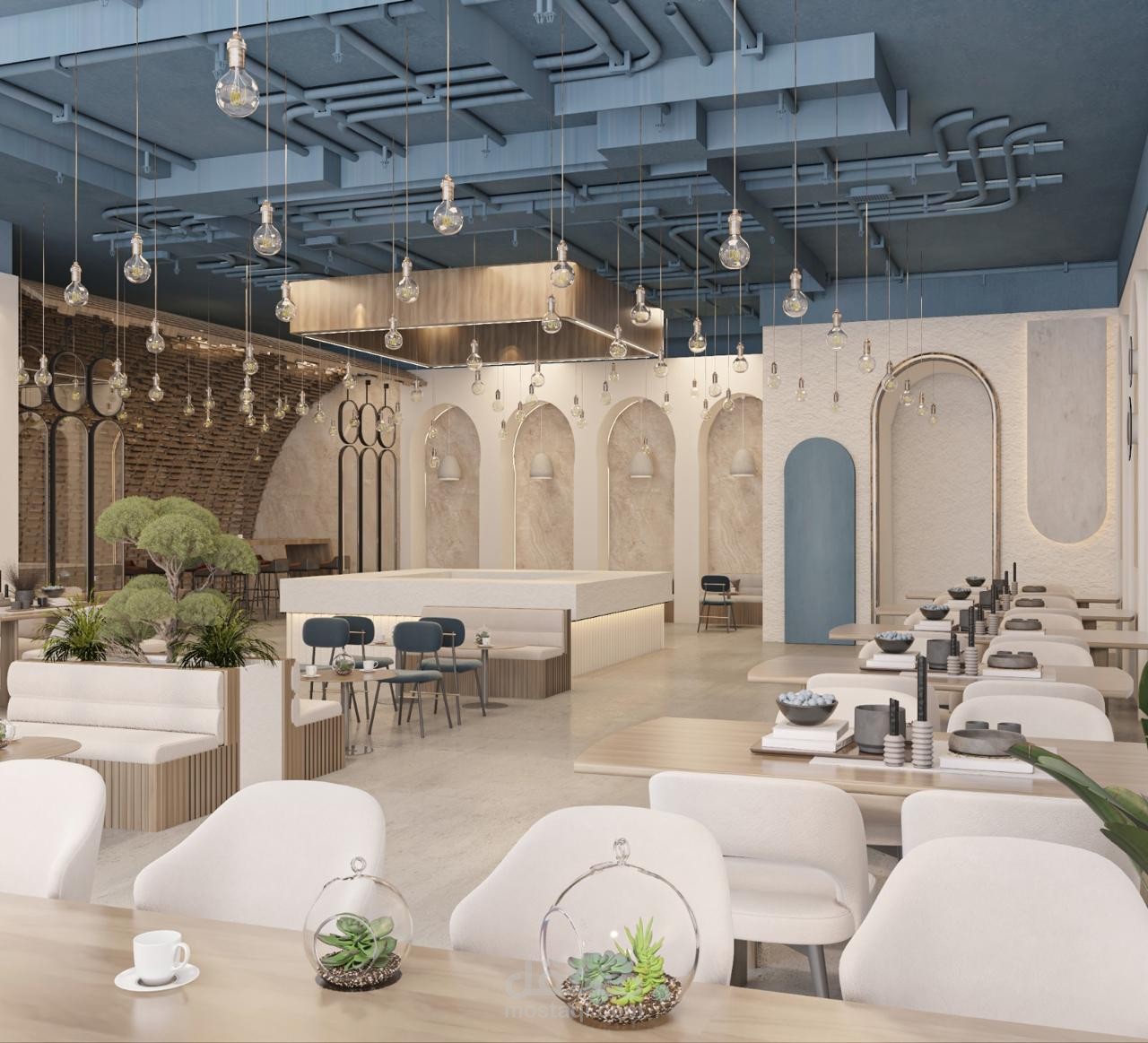 تصميم كافيه بطابع يوناني ساحلي | Greek-Inspired Café Interior Design