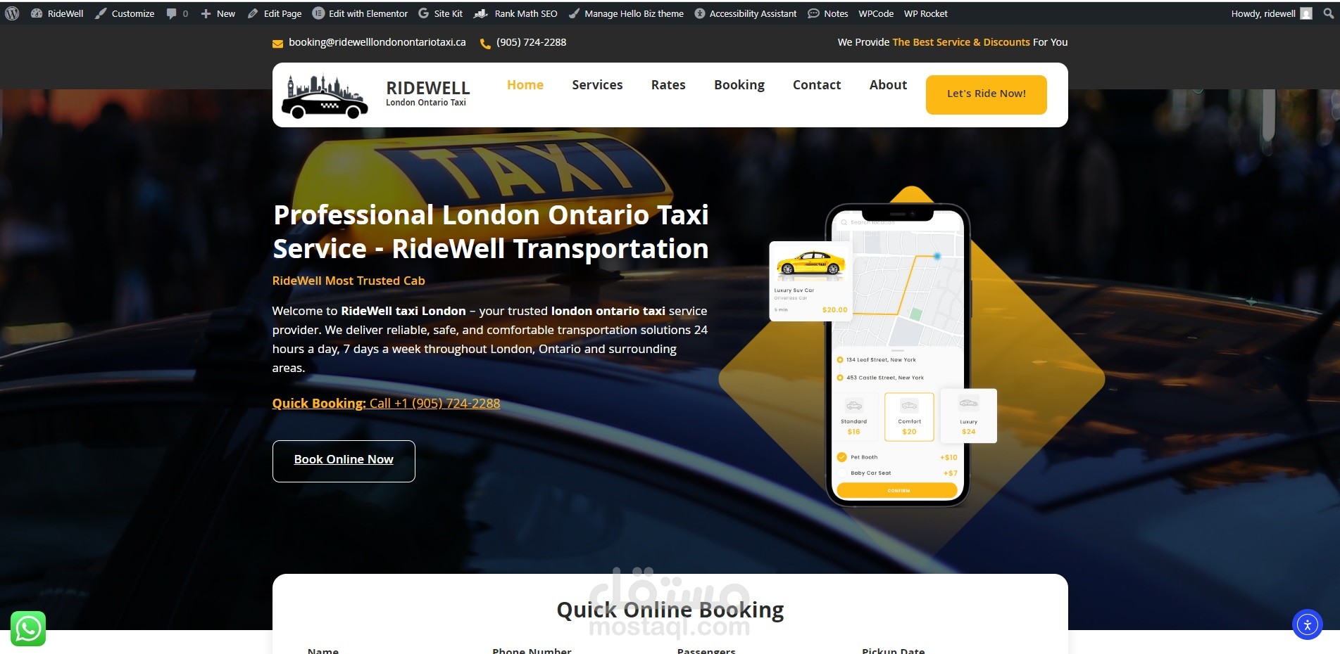 تصميم موقع شركة RideWell  لخدمات التاكسي في مدينة لندن مقاطعة أونتاريو, كندا