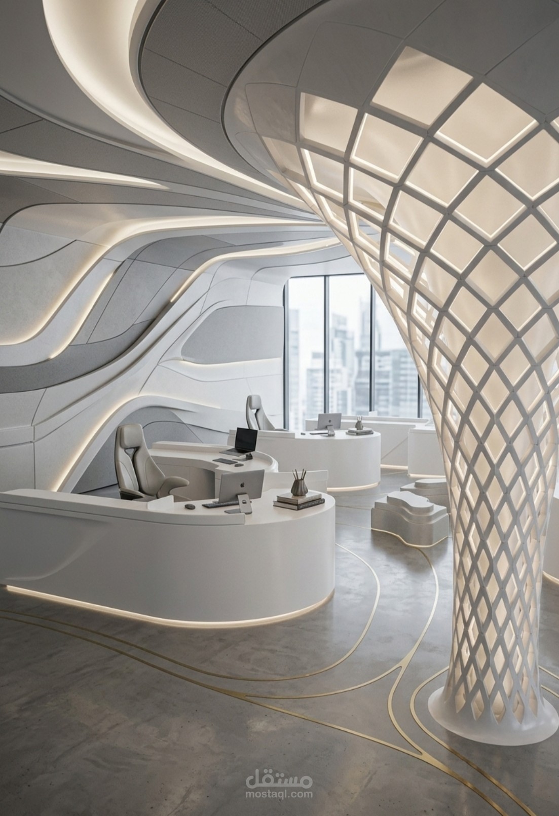 تصميم داخلي مستقبلي وثلاثي الأبعاد لبيئة عمل (Workplace) بارامترية