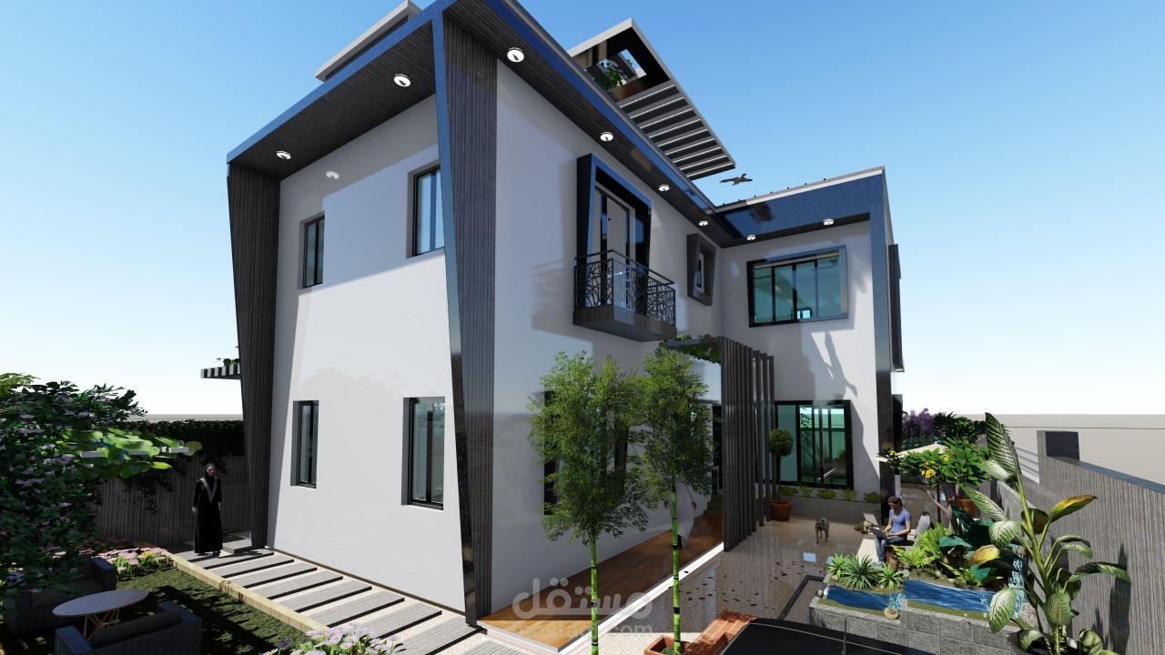 تصميم واجهة فيلا دورين مع الحوش واللاند سكيب