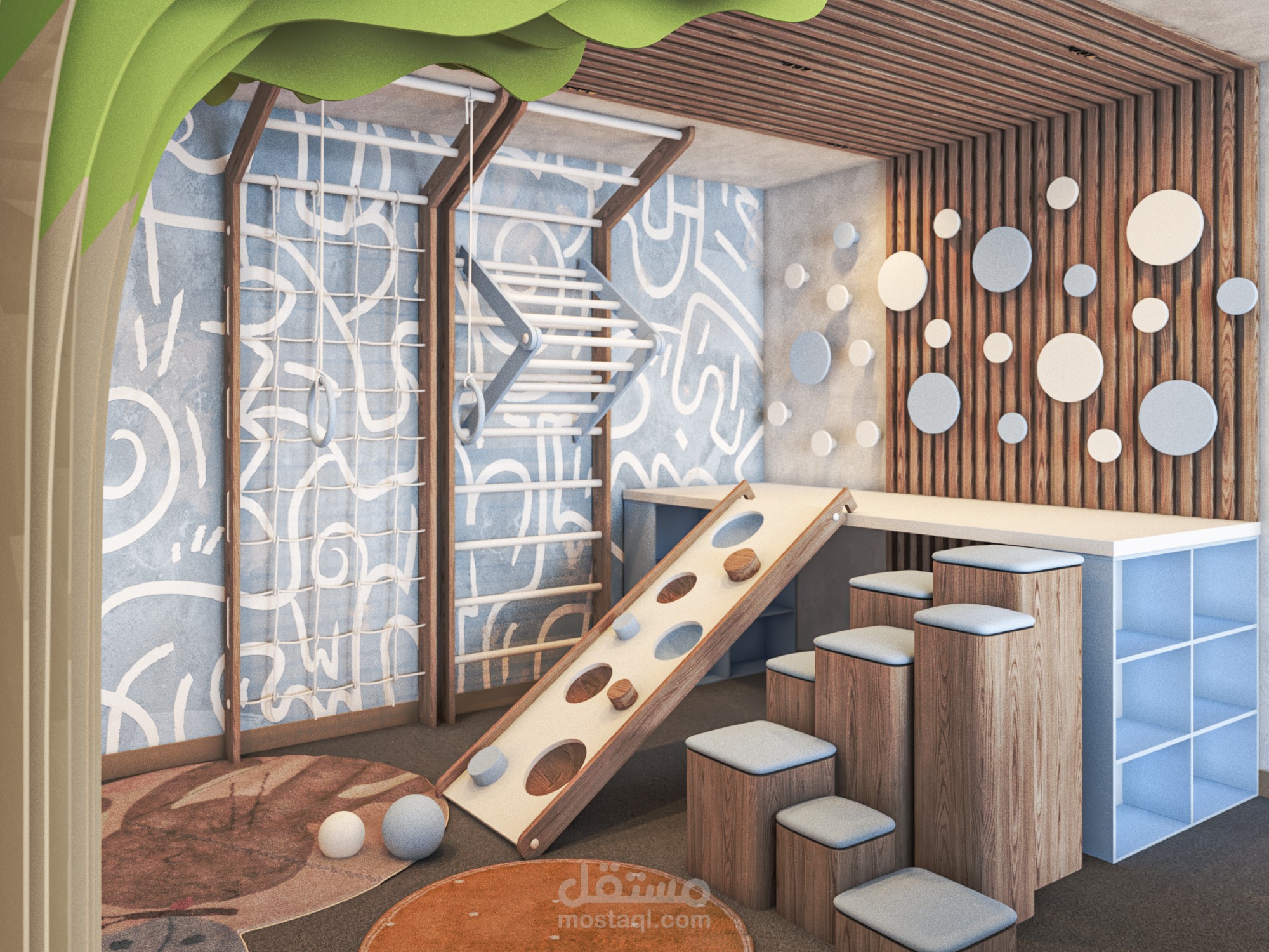 تصميم غرفة جلوس مع ركن العاب للأطفال