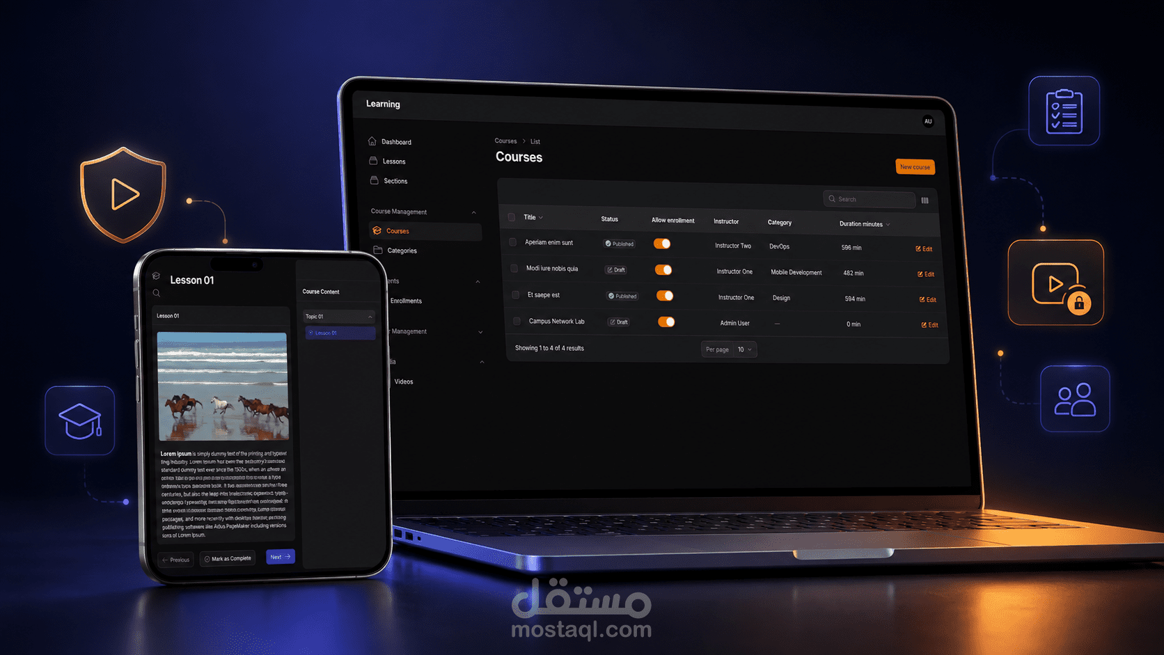 منصة تعليم إلكتروني LMS مع بث فيديو محمي بدون خدمات خارجية
