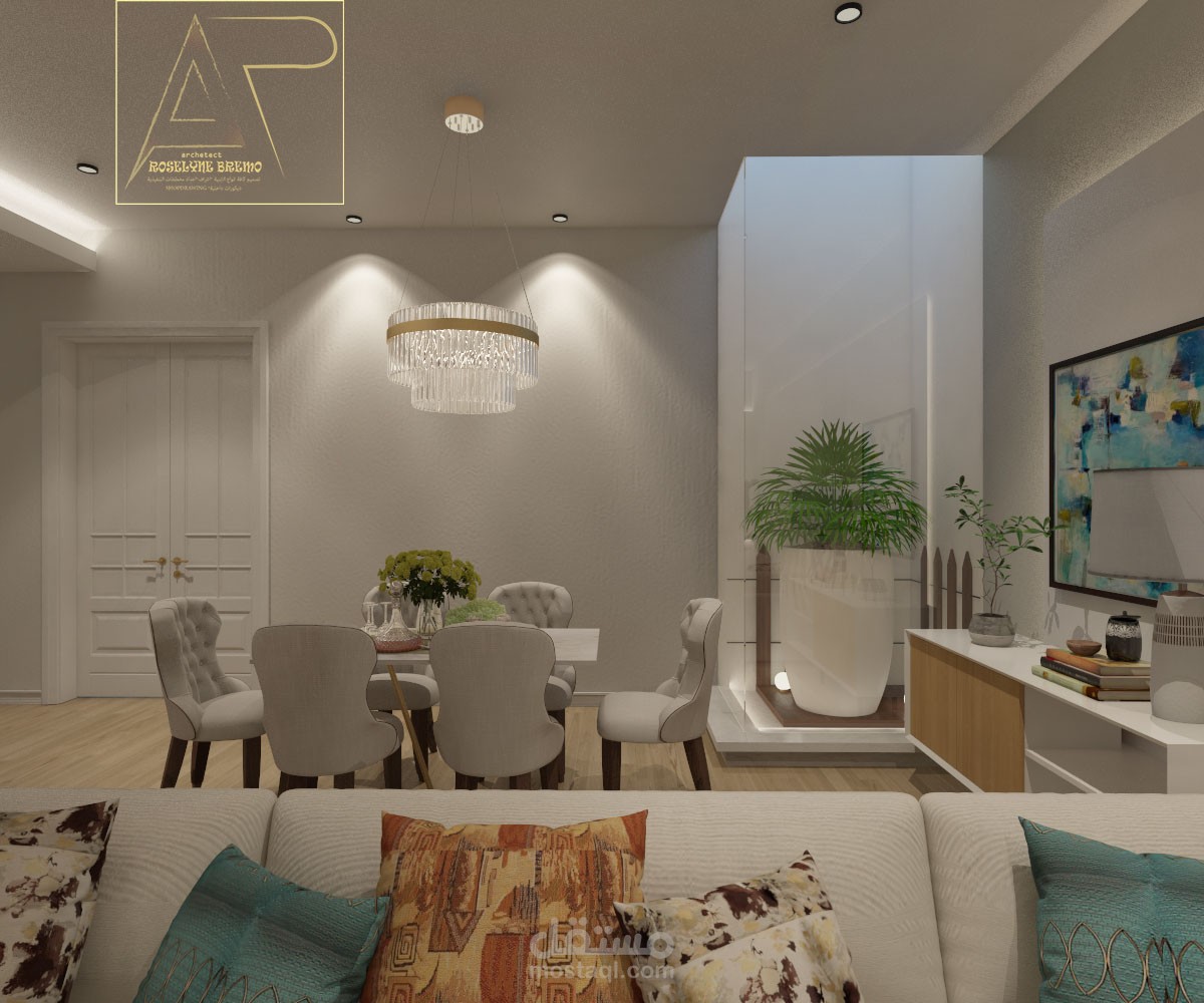 تصميم داخلي لصالون مفتوح على مطبخ