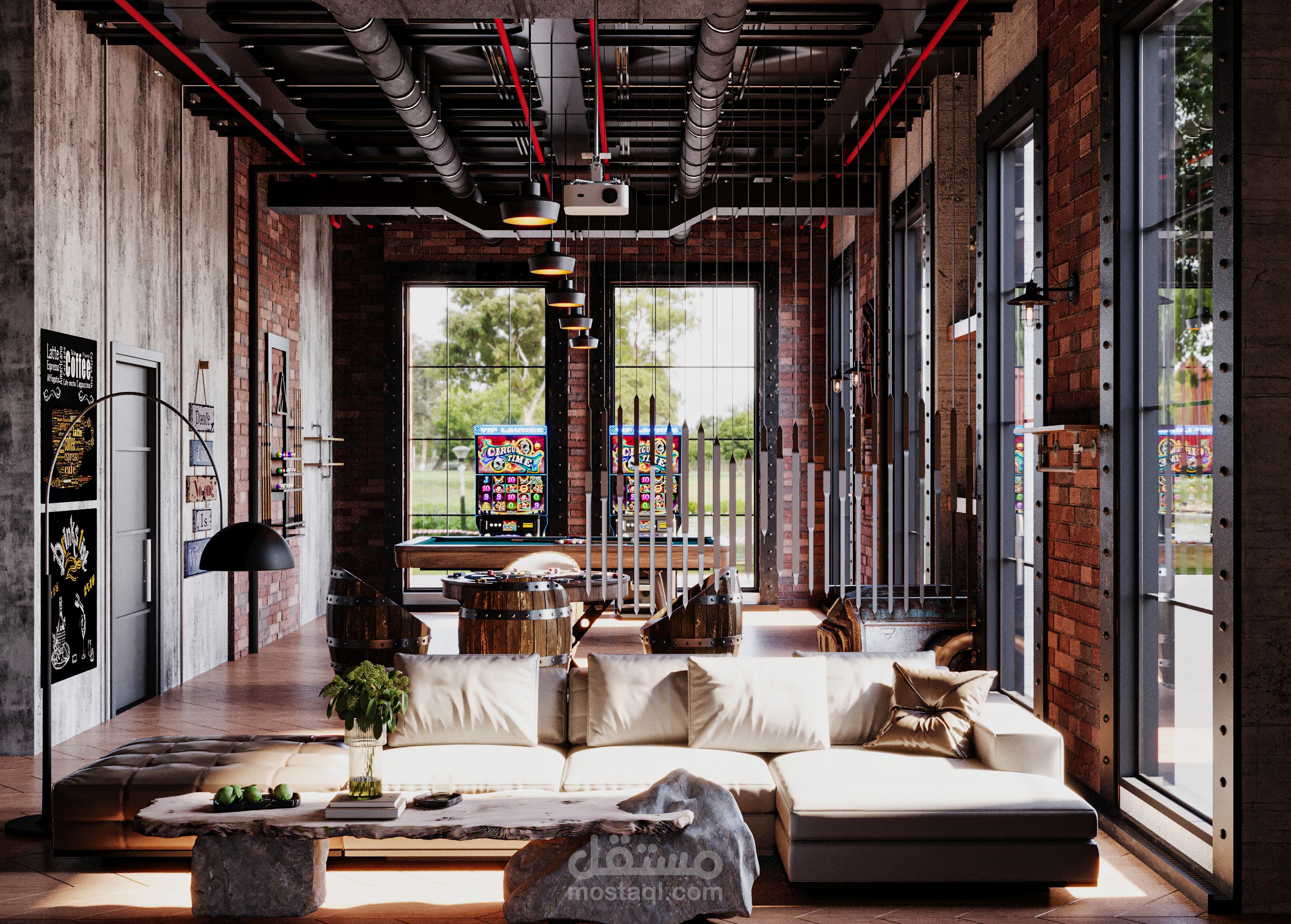 تصميم غرفة ألعاب بطراز صناعي (Game Room – Industrial Style)