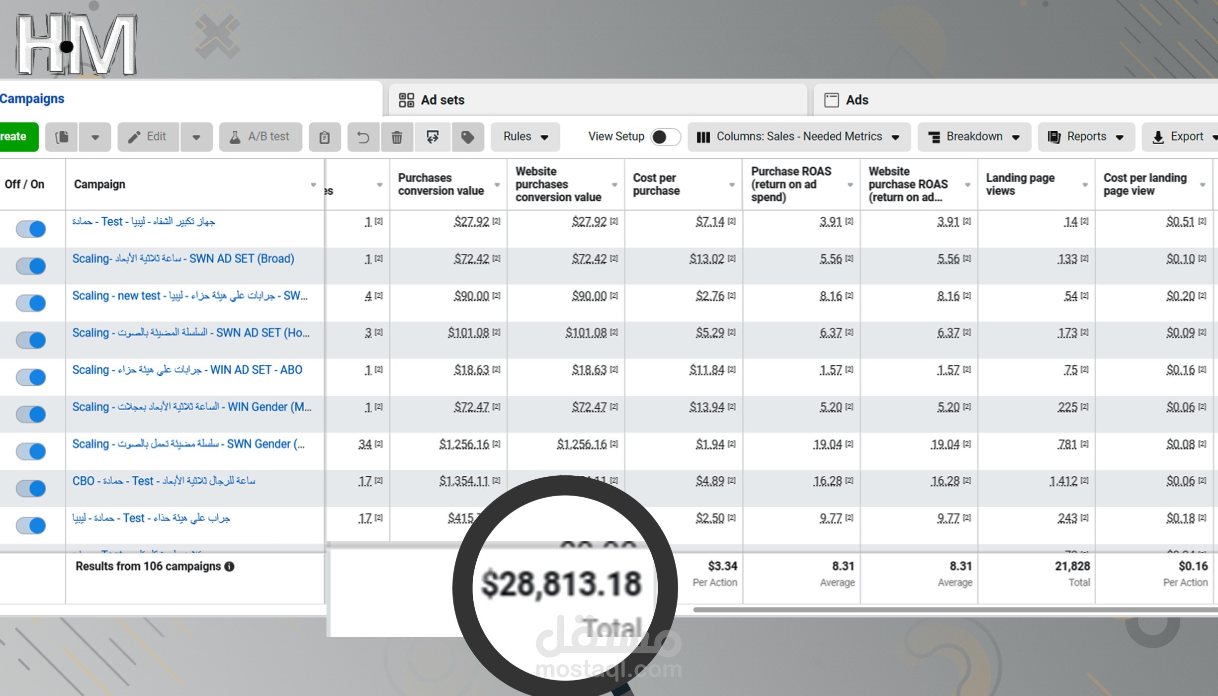 مبيعات بقيمة 28 ألف دولار وعائد مادي ROAS=8.75 ةتكلفة مبيعة تقريباً 3 دولار
