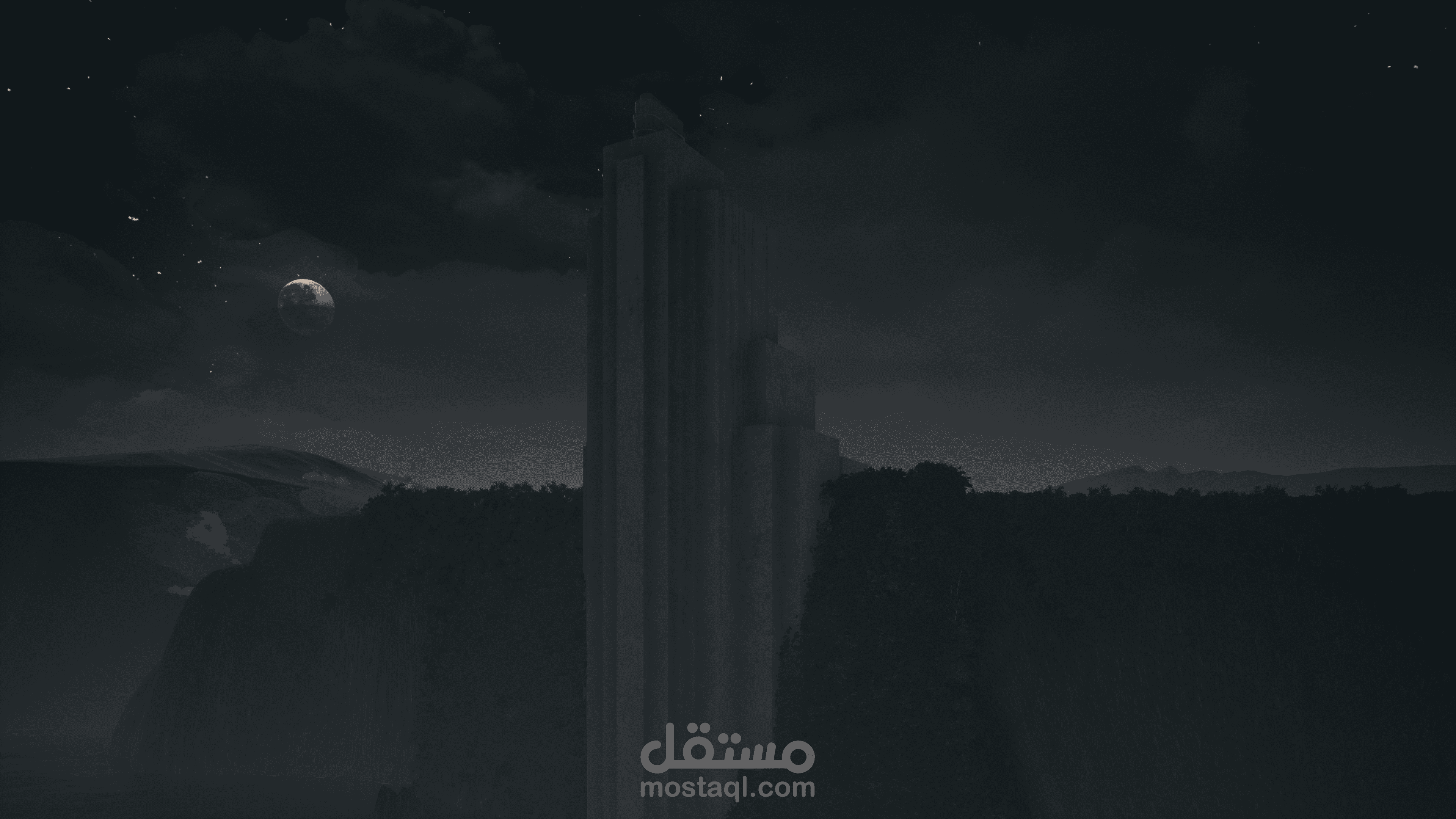 تصميم تخيلى لمبنى على منحدر فيديو لاستخدامها داخل لقطة بلعبة