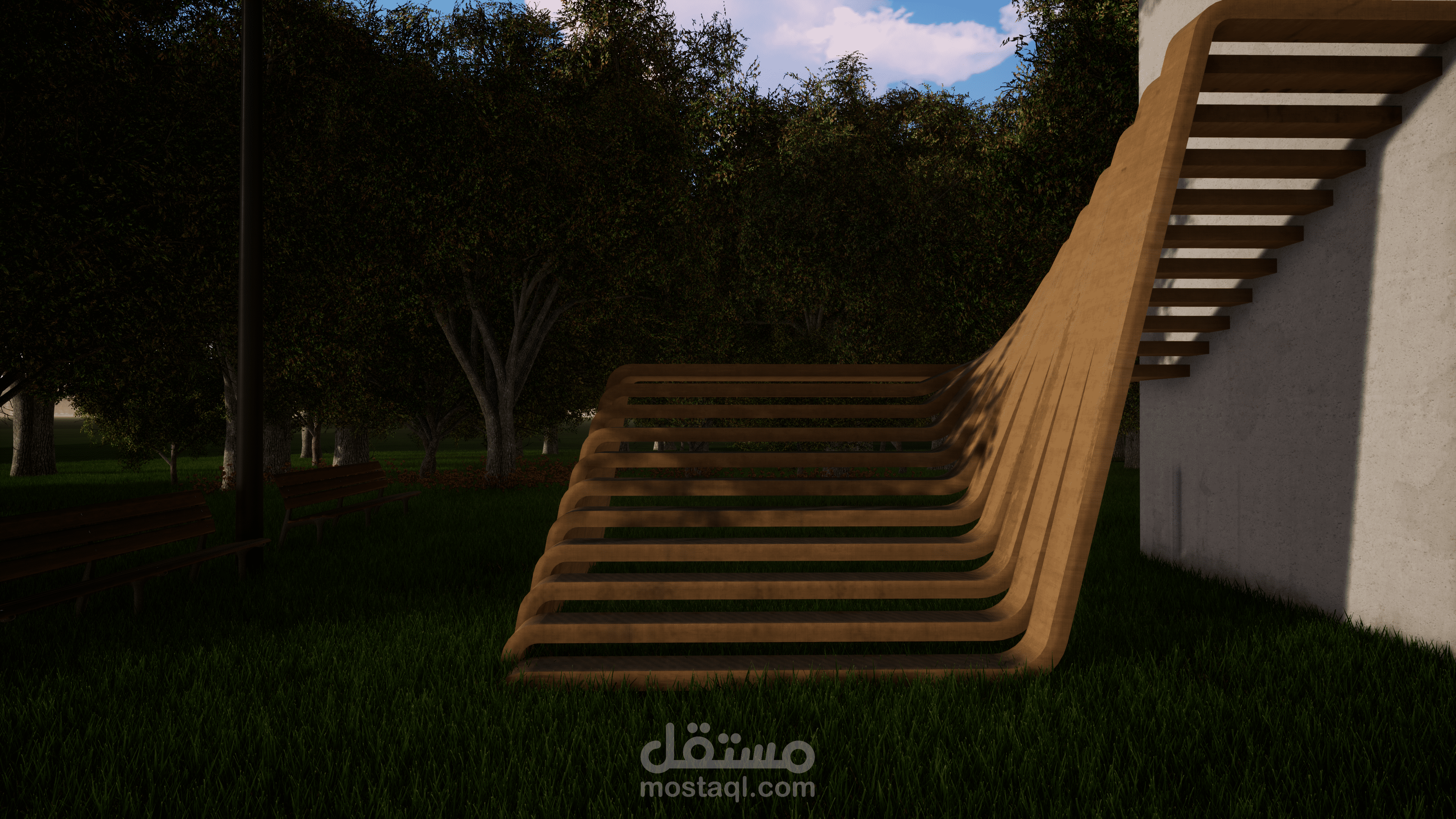 تصميم سلم بشكل حر من الخشب و الاستيل Flowing stair