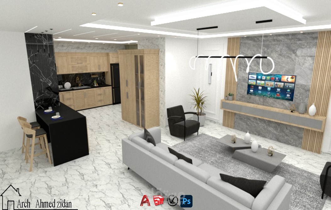 تصميم وتنفيذ فراغ معيشة ومطبخ