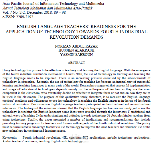 ENGLISH LANGUAGE TEACHERS’READINESS FOR THE APPLICATION OF TECHNOLOGY TOWARDS FOURTH INDUSTRIAL REVOLUTION DEMANDS
