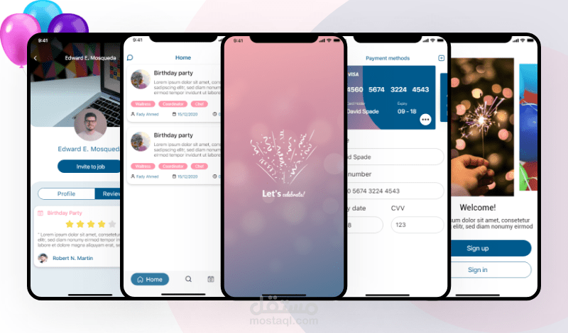 تصميم تجربة مستخدم UX و تصميم واجهة المستخدم UI باستخدام ادوبي اكس دي Adobe XD تطبيق مناسبات Let's celebrate App
