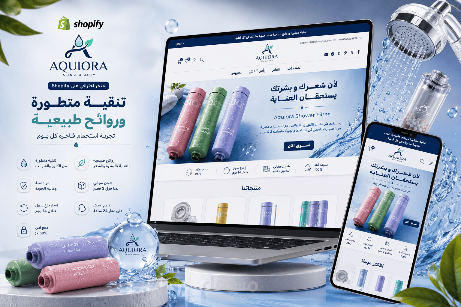 تصميم وتطوير متجر Aquiora لمنتجات تنقية المياه والعناية على Shopify