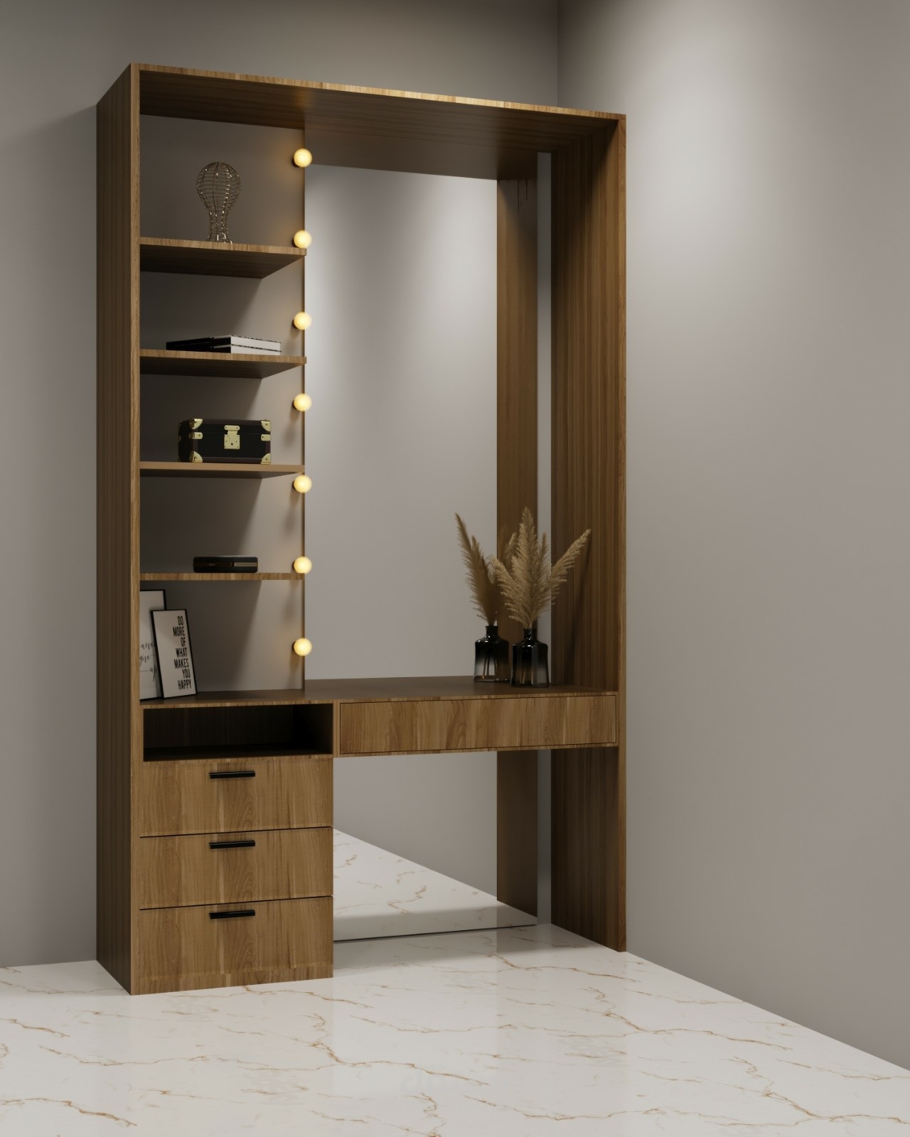 تصميم ثري دي لأثاث غرفة ملابس مع التسريحة