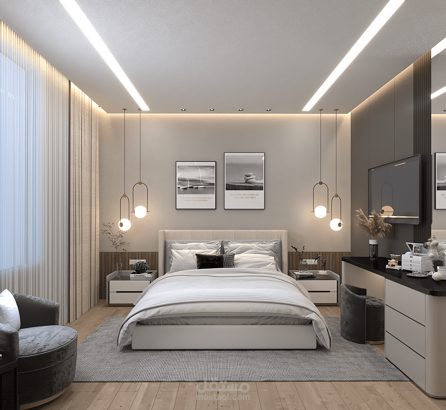 تصميم شقة كاملة شاملة الحمامات وغرف النوم والمجلس