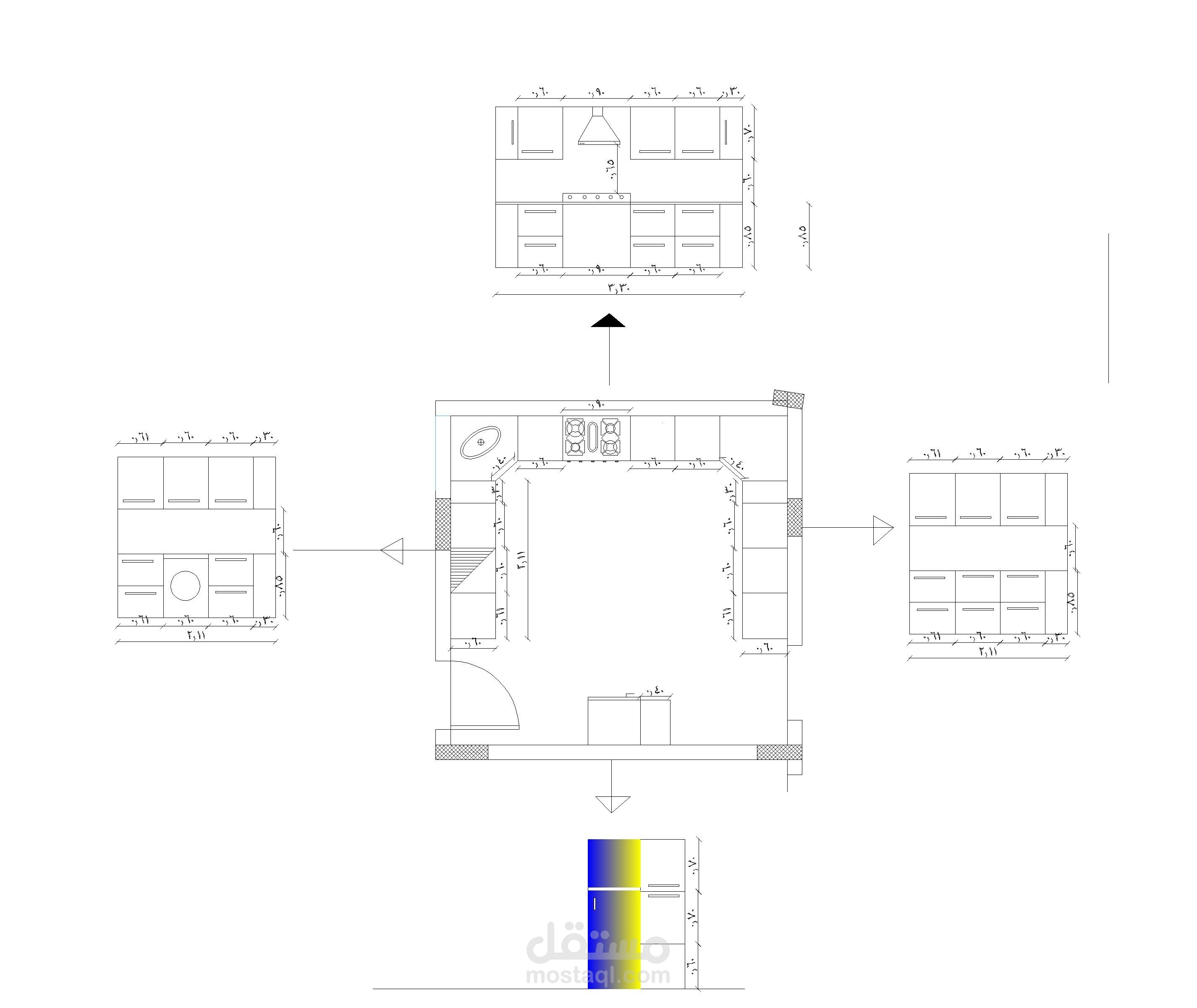 تصميم مطبخ 2D تنفيذي بكافة التفاصيل