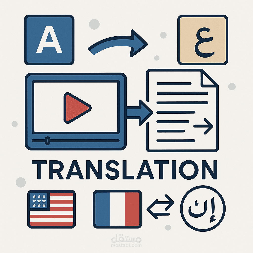 سأقوم بترجمة مقاطع الفيديو أو النصوص أو المستندات الخاصة بك من الإنجليزية إلى العربية والفرنسية أيضًا.