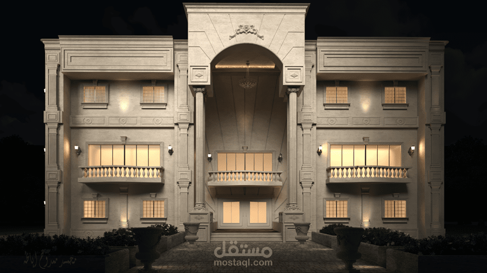تصميم واجهه خارجيه لفيلا على الطراز الكلاسيكي الحديث.