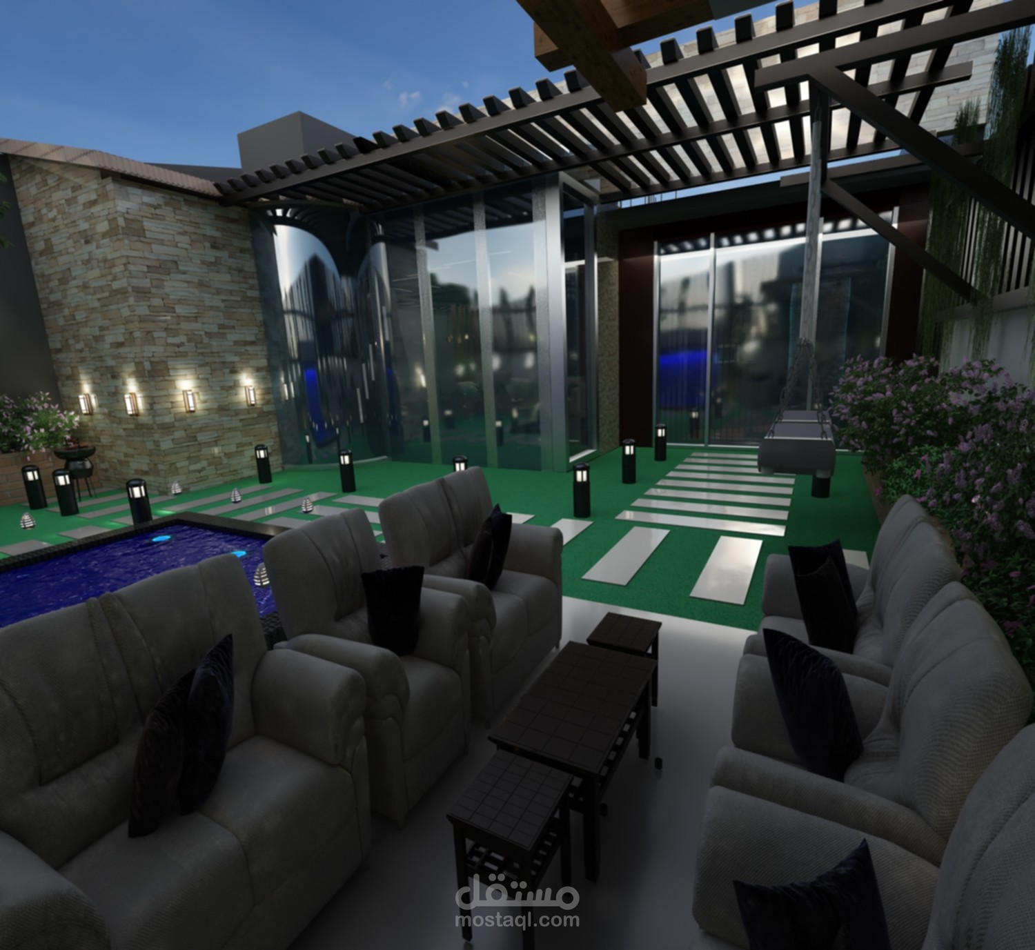 تصميم داخلي لشقة و حديقة علي السطح