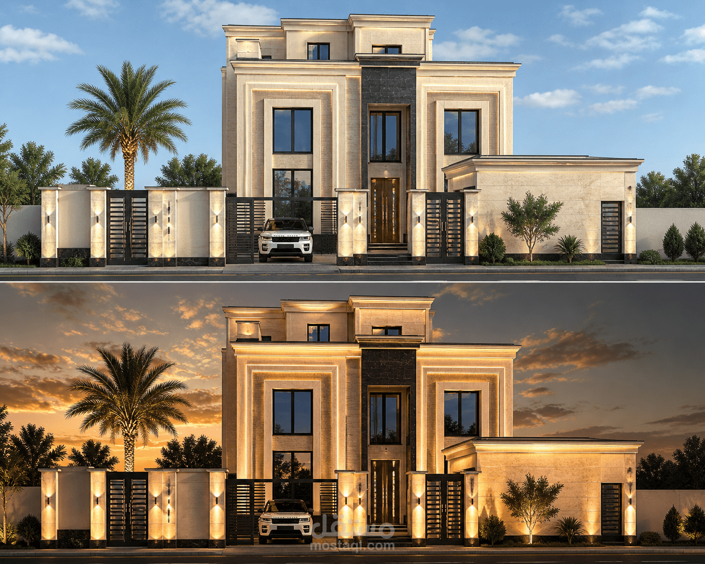 تصميم فيلا بنمط نيو كلاسك هادئ