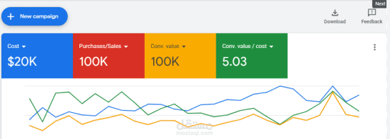 نتائج حملة اعلانية على منصة google ads لمتجر الكتروني حققت 5 أضعاف ميزانية الحملة (ROAS = 5)