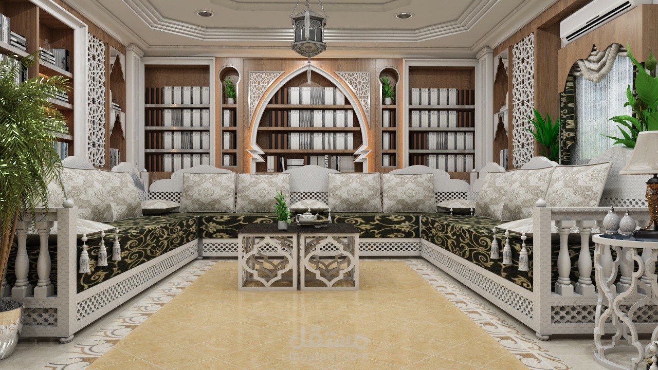 تصميم غرفة استقبال معها مكتبة