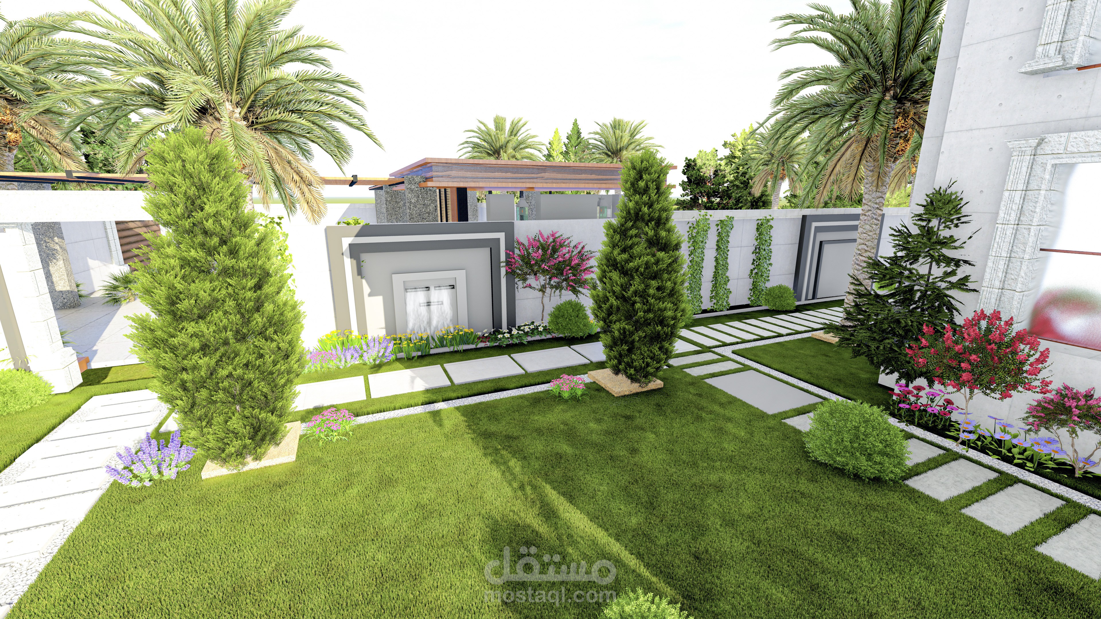 تصميم حديقة منزلية مع الباركينغ