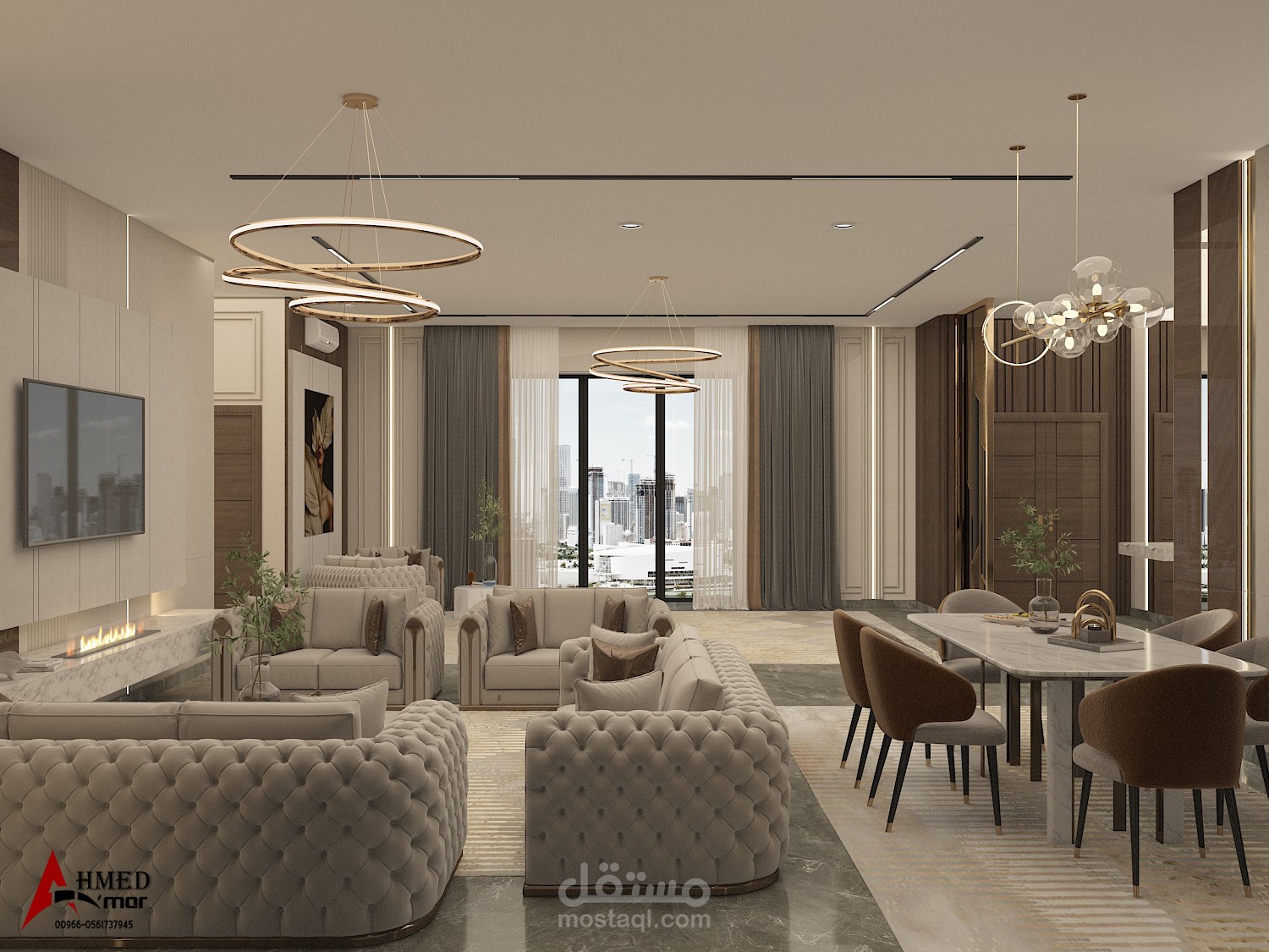 تصميم داخلى ( استقبال + طعام  )