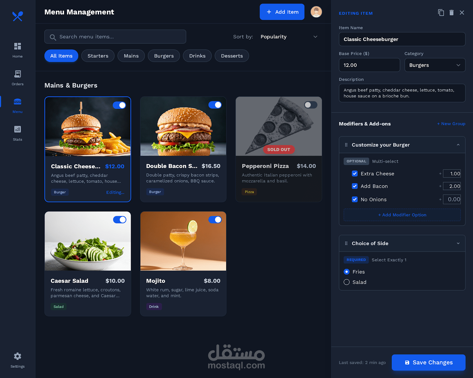 modern restaurant dashboard for a food delivery platform