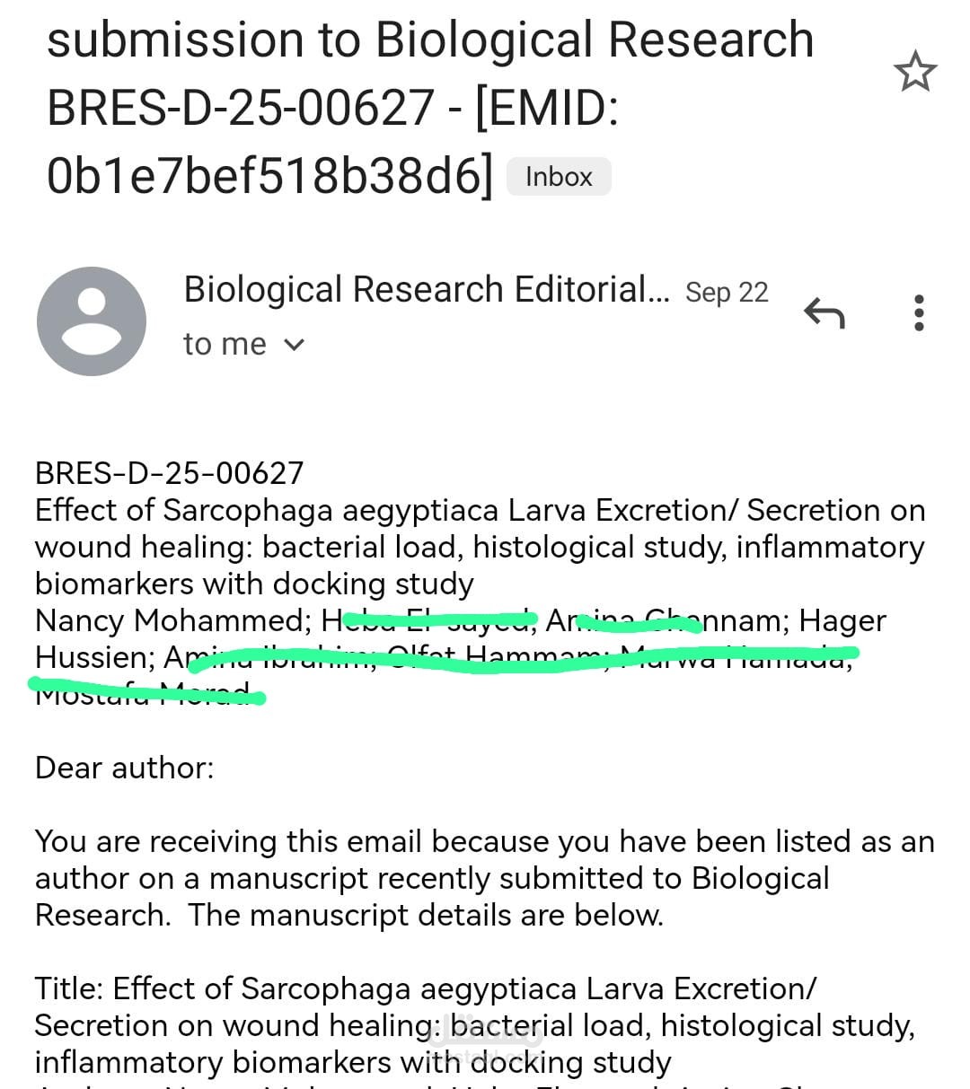 نشر ورقة بحثية بعنوان Effect of Sarcophaga aegyptiaca Larva Excretion/ Secretion on wound healing: bacterial load, histological study, inflammatory biomarkers with docking study"