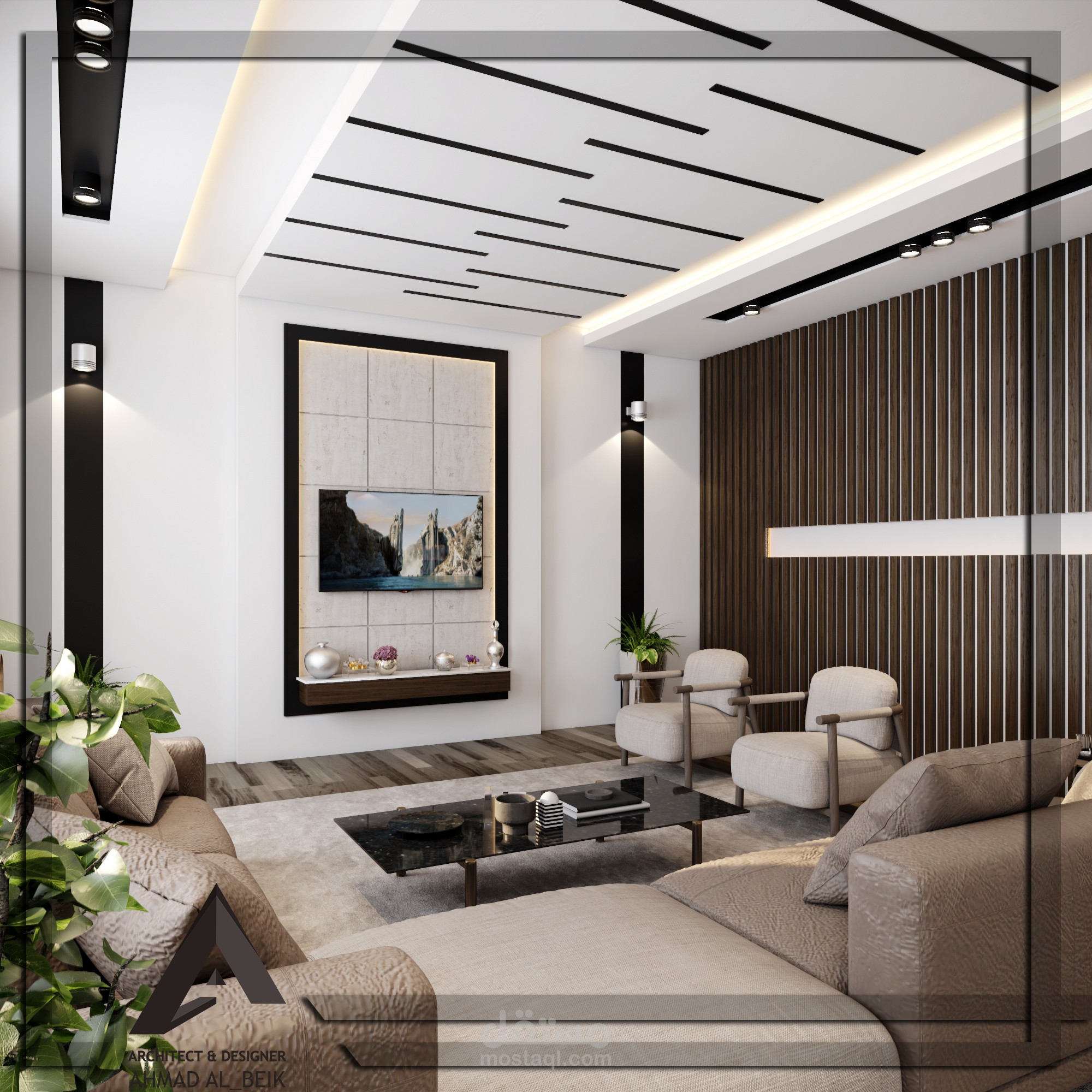 interior design of a living room with a kitchen corner