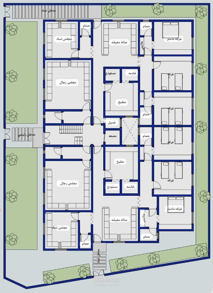تصميم معماري لعماره سكنيه مكونه من شقتين دور ارضي