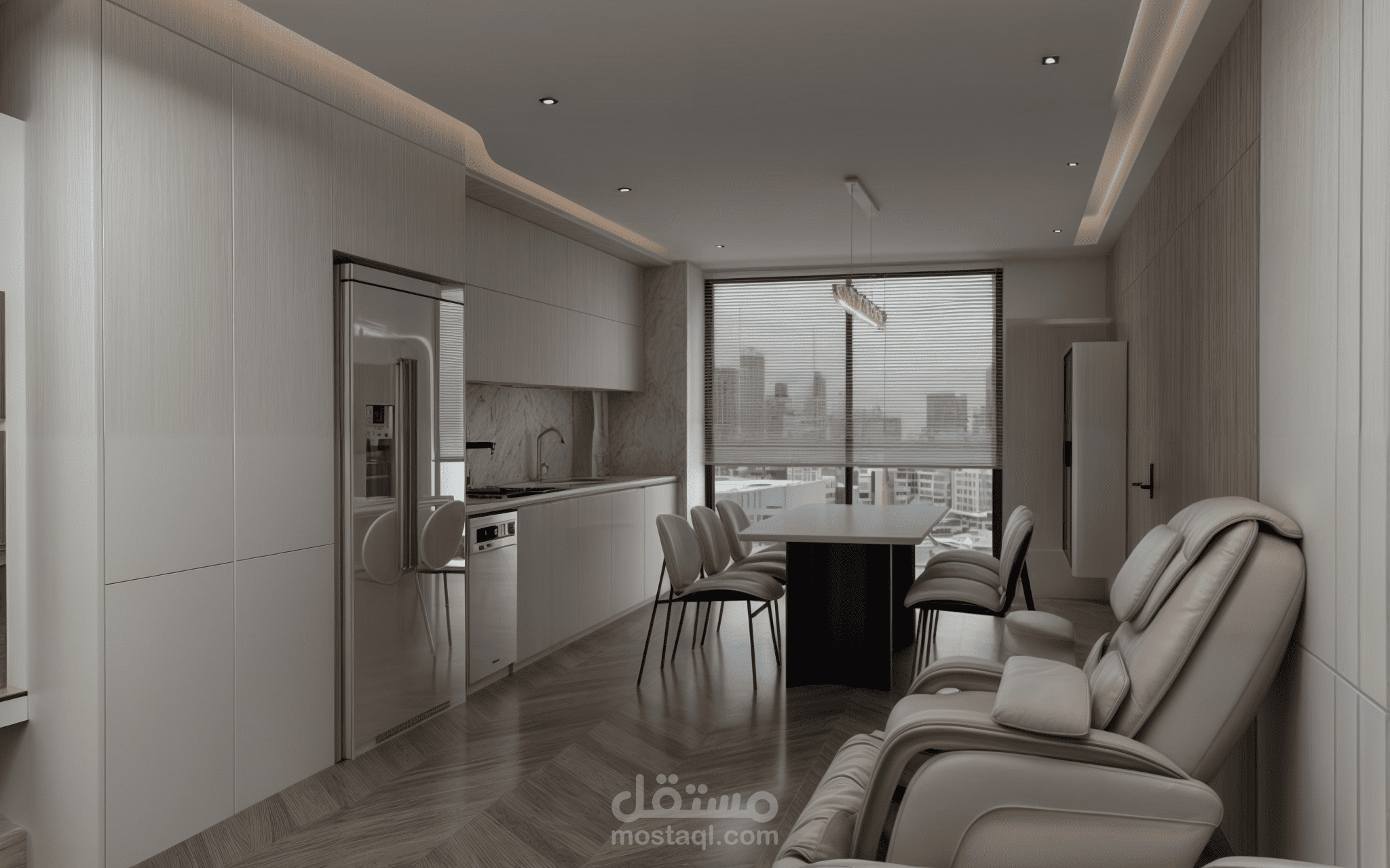 غرفة معيشة مع مطبخ تحضير