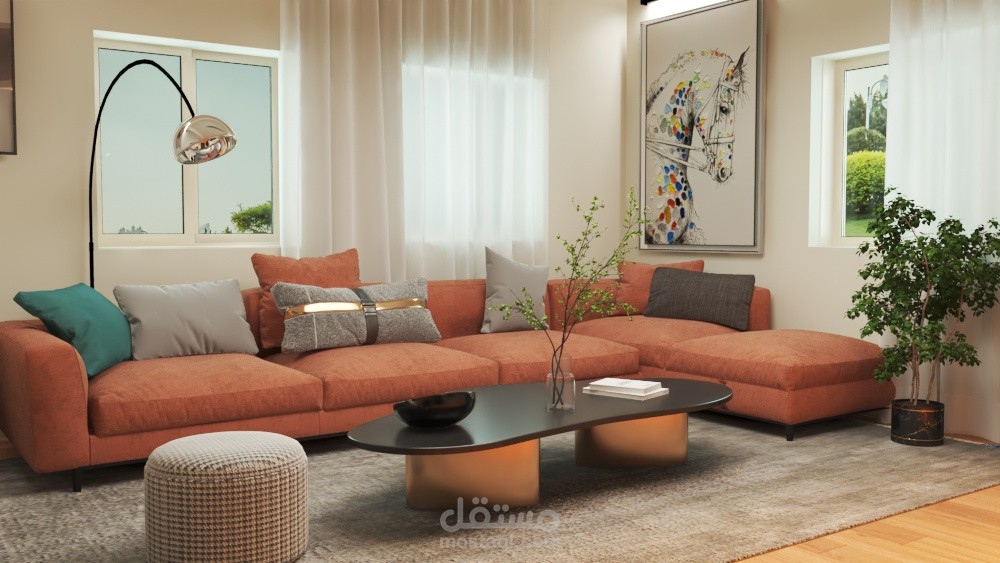 تصميم لغرفه بجلسة صغيره ومكتب