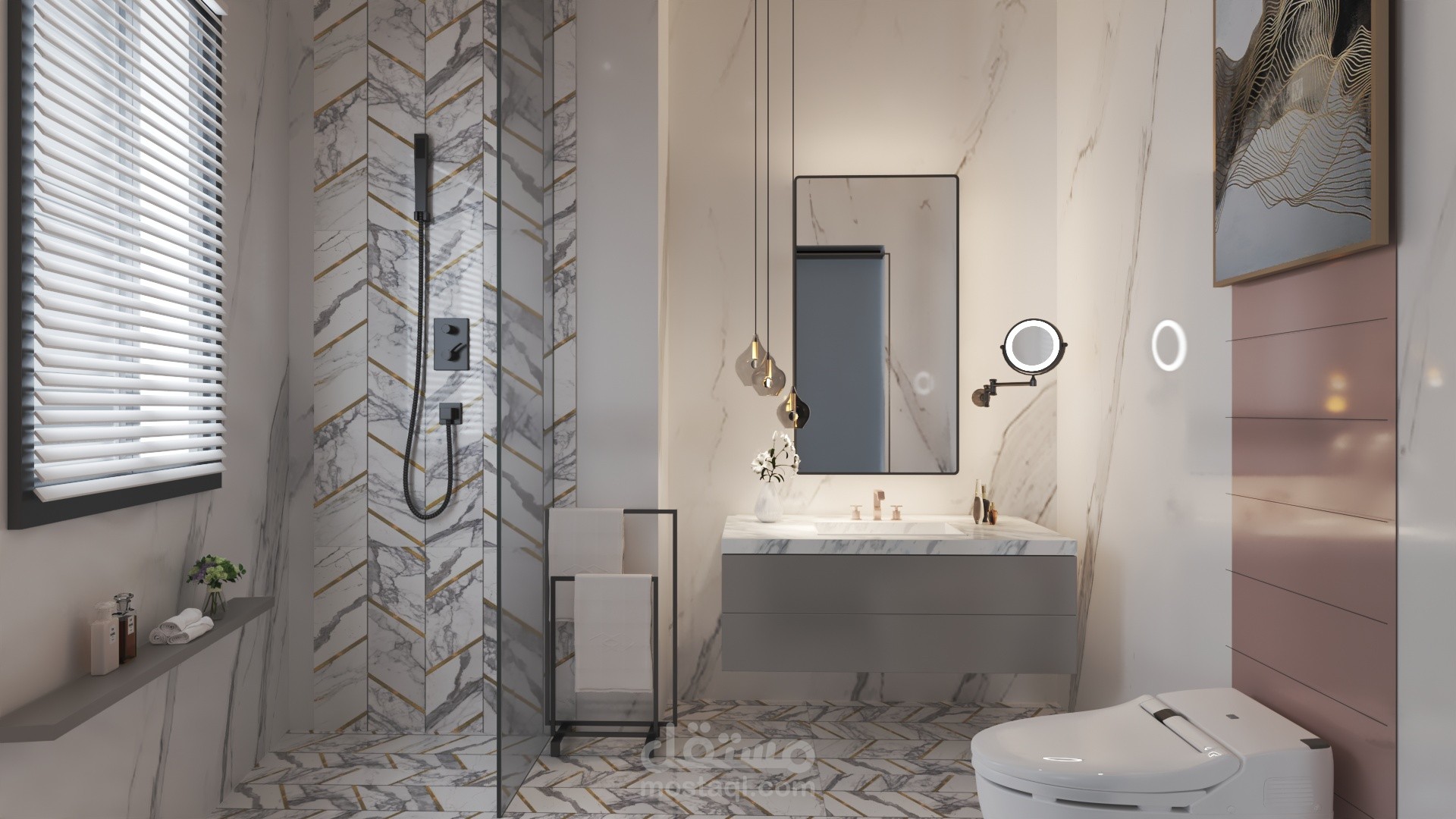 تصميم داخلى ومدرن لحمام غرفة النوم الرئيسية