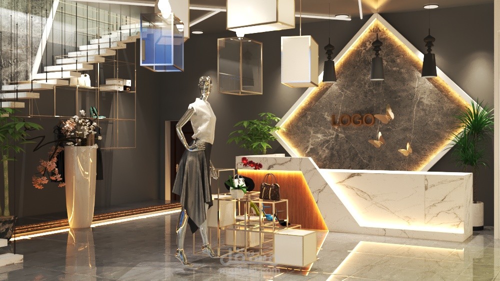 تصميم معرض ملابس حريمي وكوفى شوب