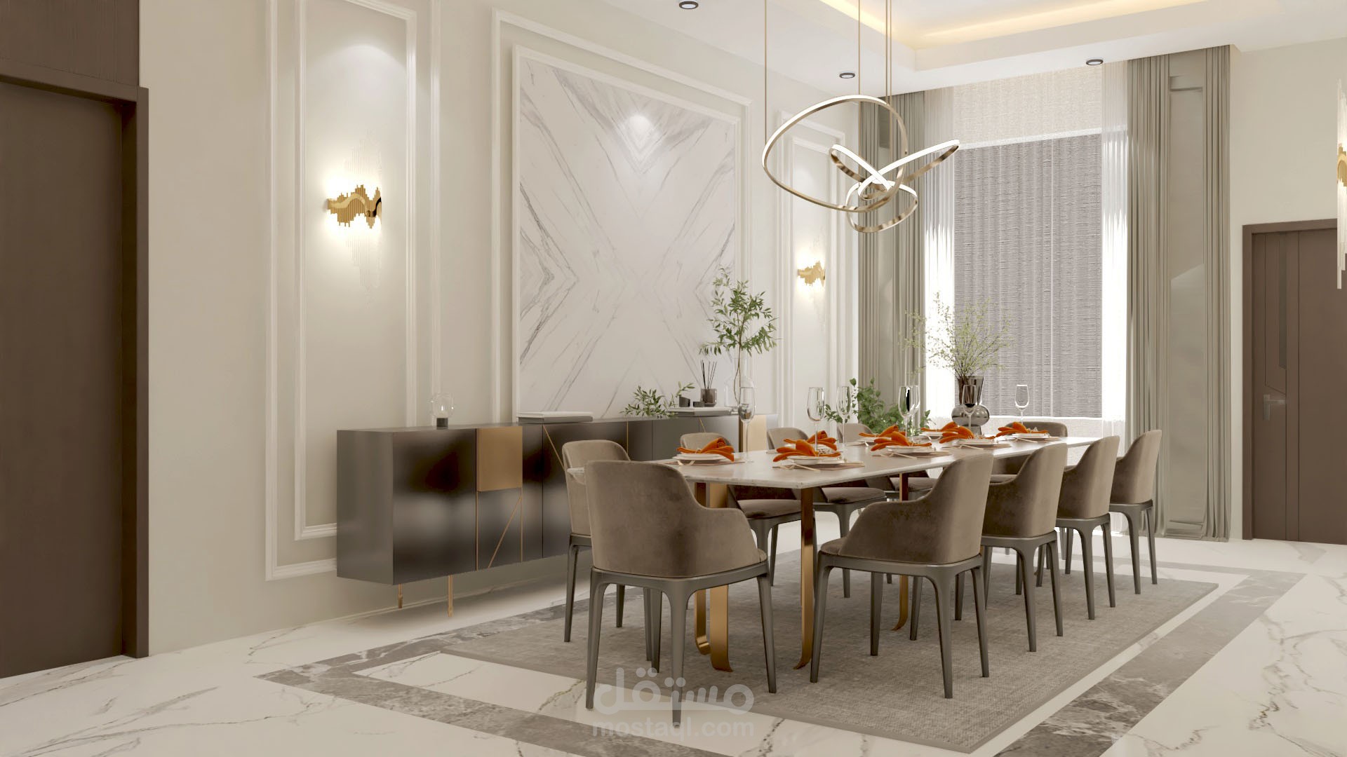 تصميم  غرفة طعام والحمام الخاص بها