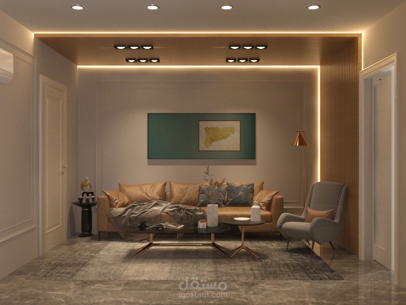 غرفة معيشة مفتوحة على مطبخ