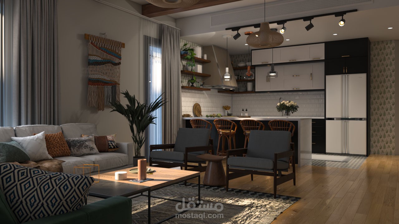 غرفة معيشة مفتوحة على مطبخ